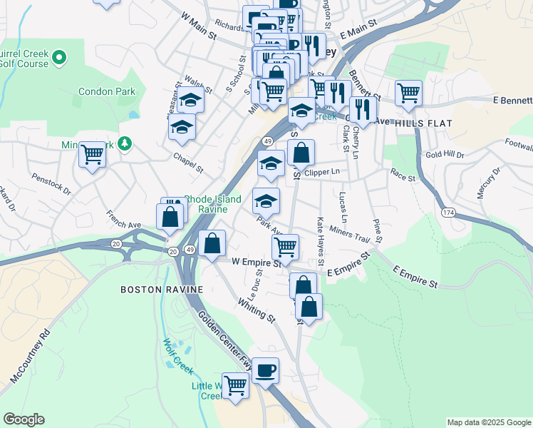 map of restaurants, bars, coffee shops, grocery stores, and more near 140 Park Avenue in Grass Valley