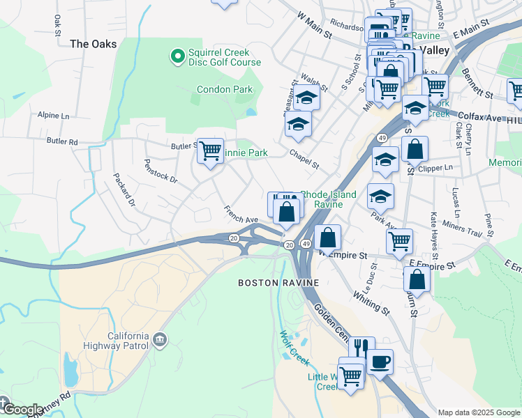 map of restaurants, bars, coffee shops, grocery stores, and more near 231 Cornwall Avenue in Grass Valley