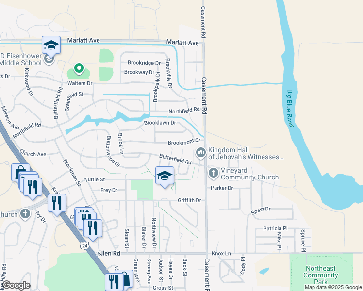 map of restaurants, bars, coffee shops, grocery stores, and more near 220 Brookmont Drive in Manhattan