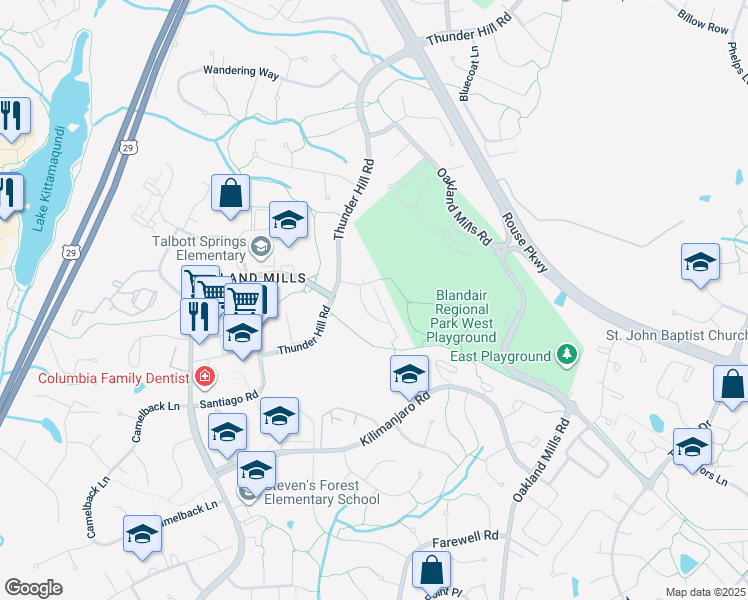 map of restaurants, bars, coffee shops, grocery stores, and more near 9453 Riverark Road in Columbia