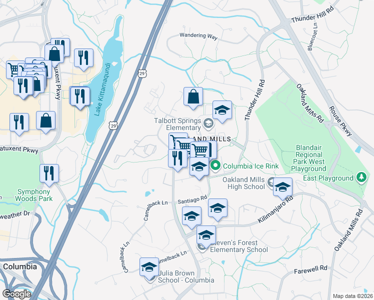map of restaurants, bars, coffee shops, grocery stores, and more near 9653 White Acre Road in Columbia