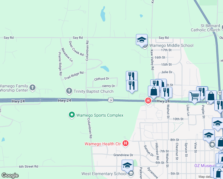 map of restaurants, bars, coffee shops, grocery stores, and more near 2009 Henry Drive in Wamego