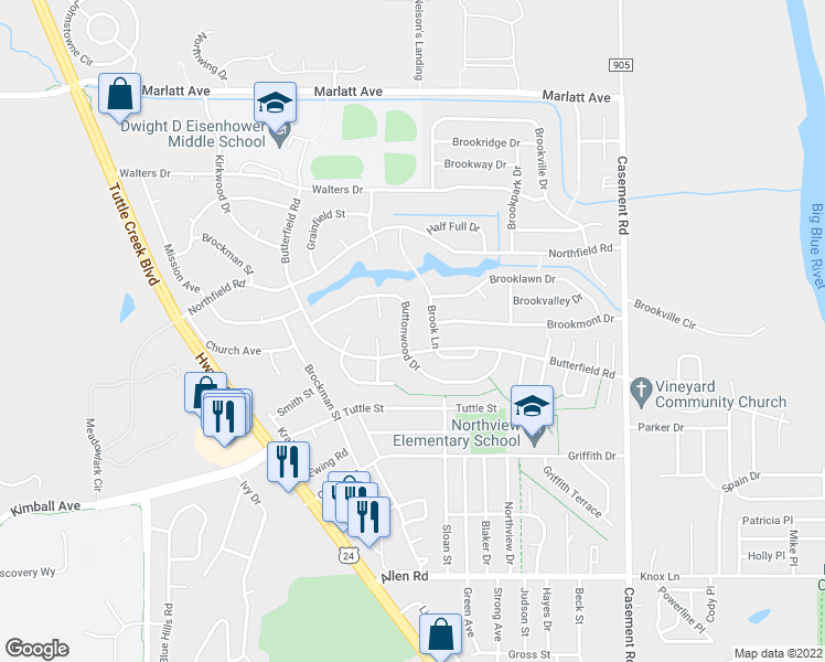 map of restaurants, bars, coffee shops, grocery stores, and more near 2512 Buttonwood Drive in Manhattan