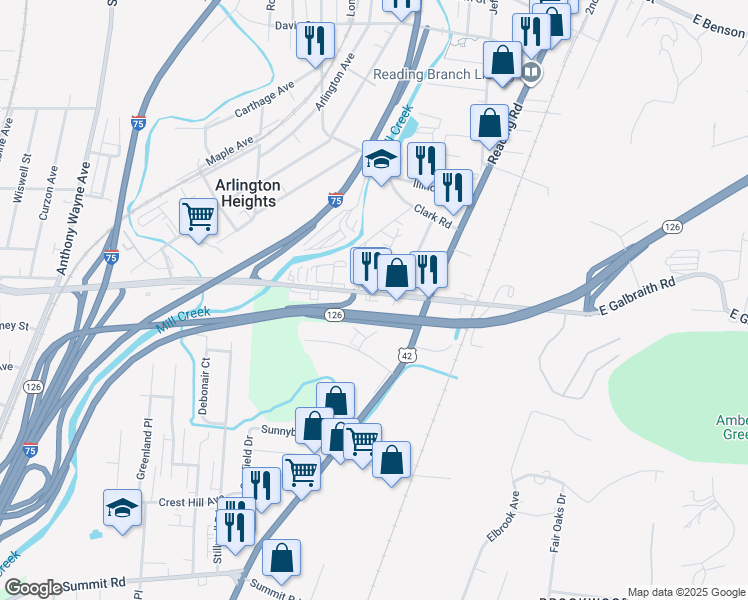 map of restaurants, bars, coffee shops, grocery stores, and more near 1785 East Galbraith Road in Reading