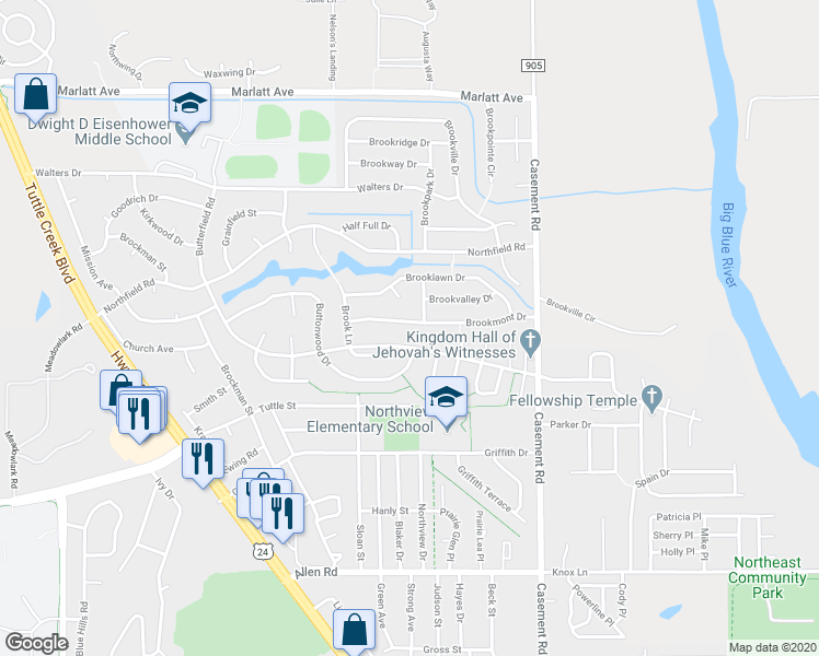 map of restaurants, bars, coffee shops, grocery stores, and more near 408 Brookmont Drive in Manhattan