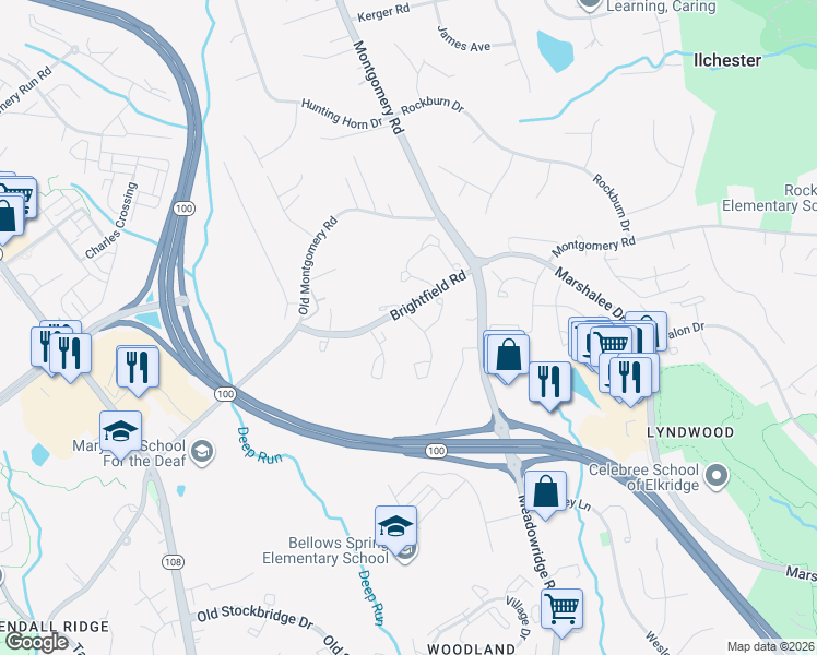 map of restaurants, bars, coffee shops, grocery stores, and more near 7914 Brightmeadow Court in Ellicott City