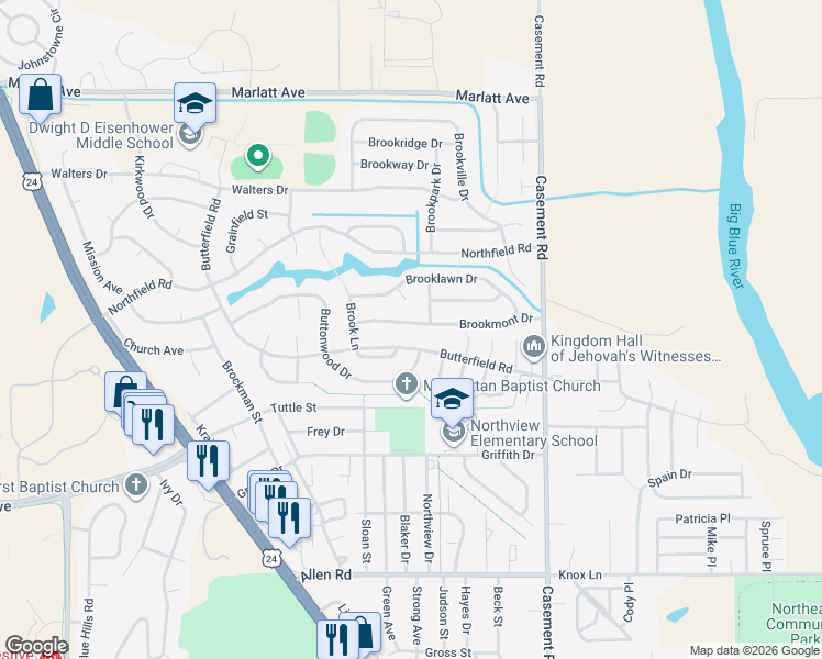map of restaurants, bars, coffee shops, grocery stores, and more near 410 Brookmont Drive in Manhattan