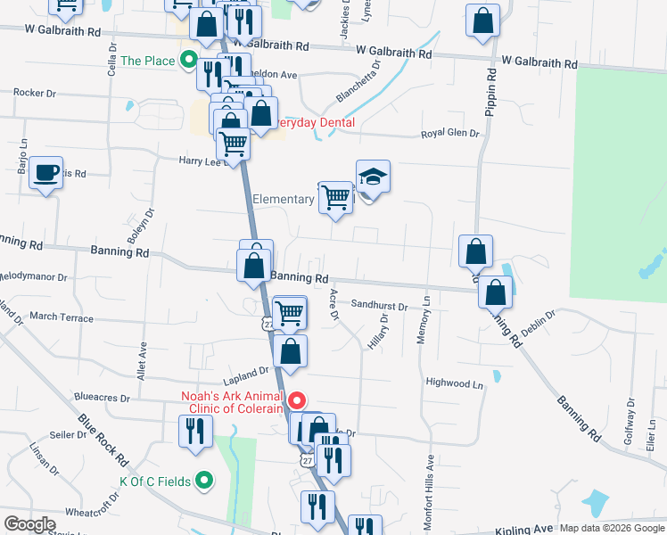 map of restaurants, bars, coffee shops, grocery stores, and more near 2836 Banning Road in Cincinnati