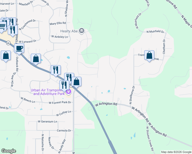 map of restaurants, bars, coffee shops, grocery stores, and more near 3721 Cheryl Drive in Bloomington
