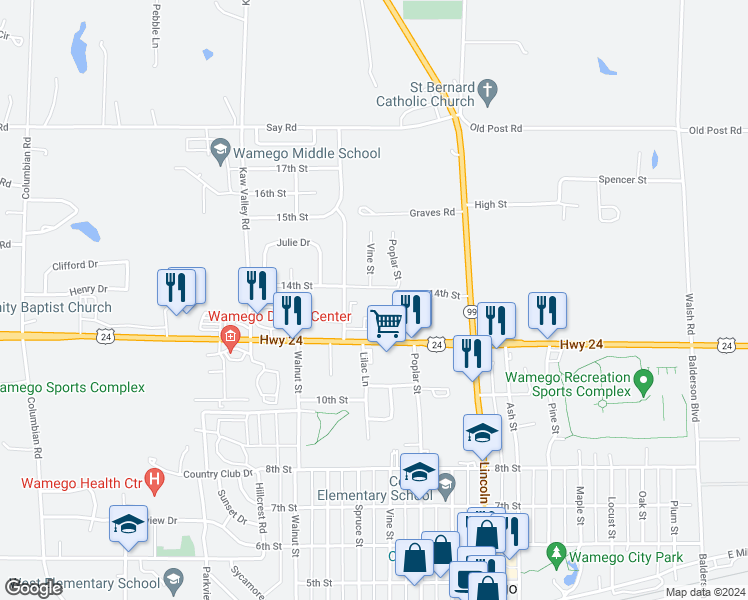 map of restaurants, bars, coffee shops, grocery stores, and more near 1015 14th Street in Wamego