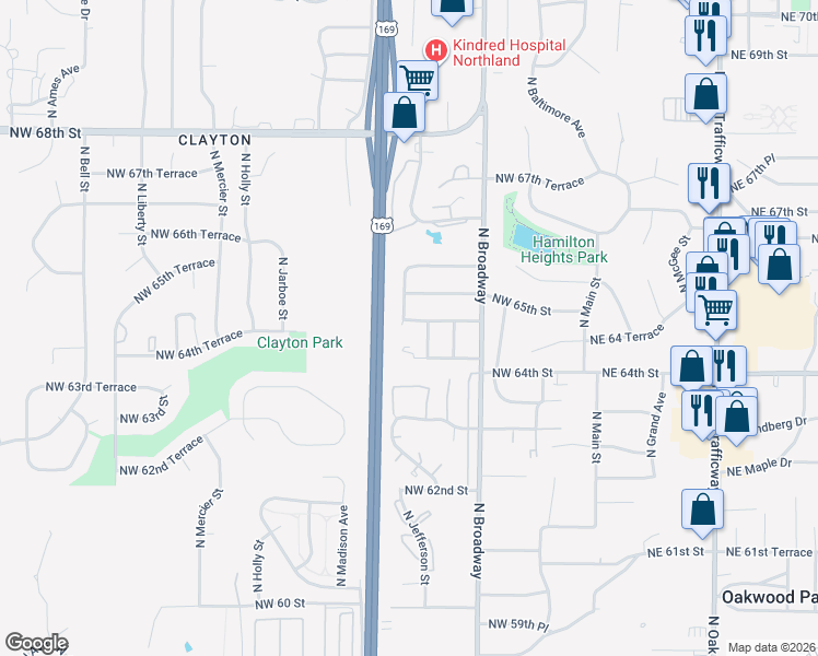 map of restaurants, bars, coffee shops, grocery stores, and more near 611 Northwest 65th Street in Kansas City