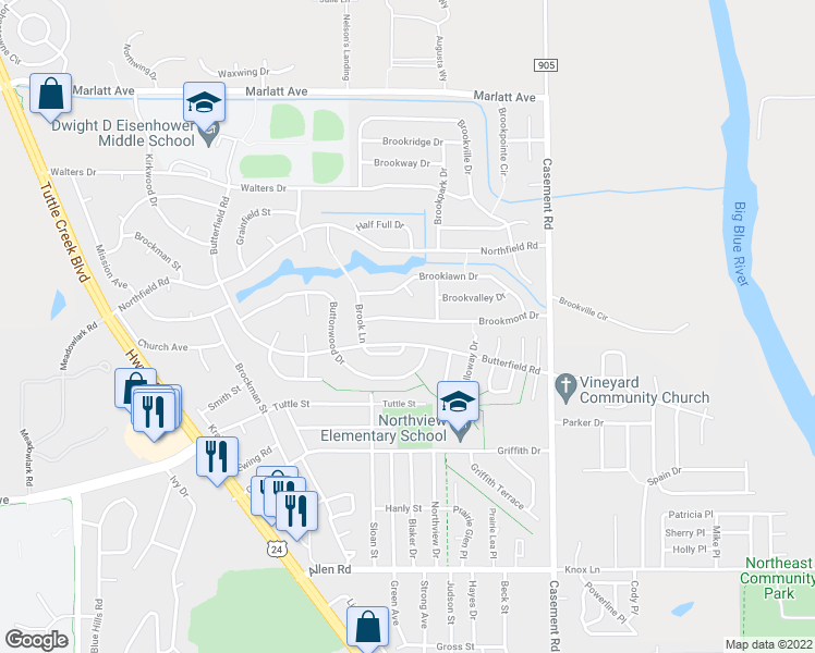 map of restaurants, bars, coffee shops, grocery stores, and more near 500 Brookmont Drive in Manhattan