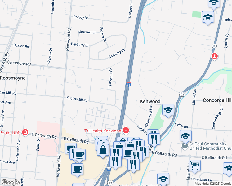 map of restaurants, bars, coffee shops, grocery stores, and more near 5829 Charteroak Drive in Cincinnati