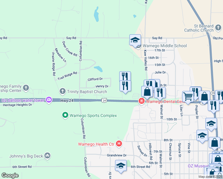 map of restaurants, bars, coffee shops, grocery stores, and more near 1916 Henry Drive in Wamego