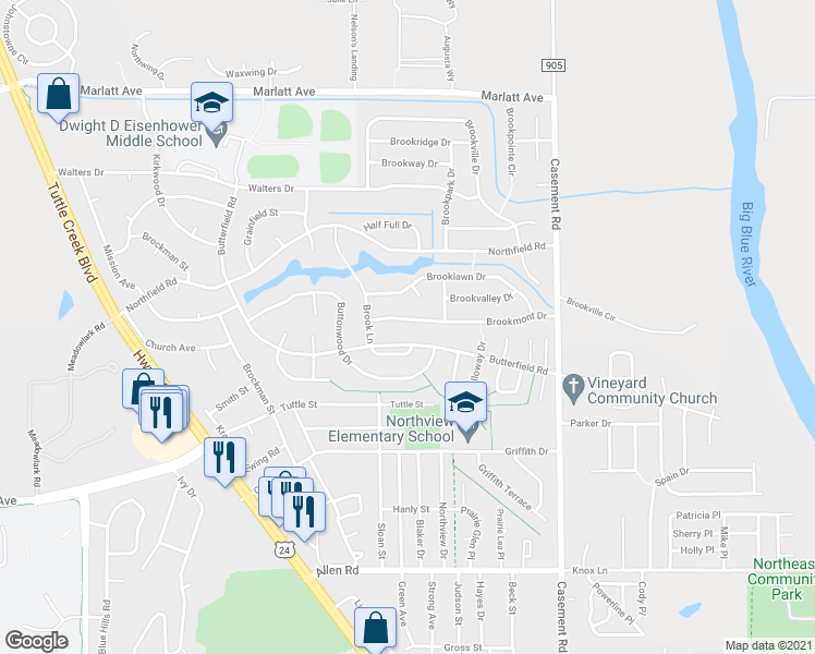 map of restaurants, bars, coffee shops, grocery stores, and more near 504 Brookmont Drive in Manhattan