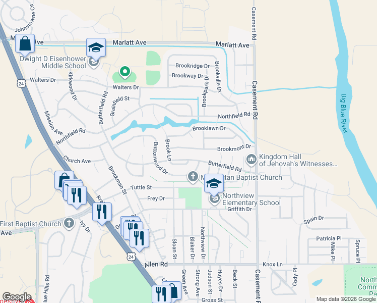 map of restaurants, bars, coffee shops, grocery stores, and more near 408 Brookmont Drive in Manhattan