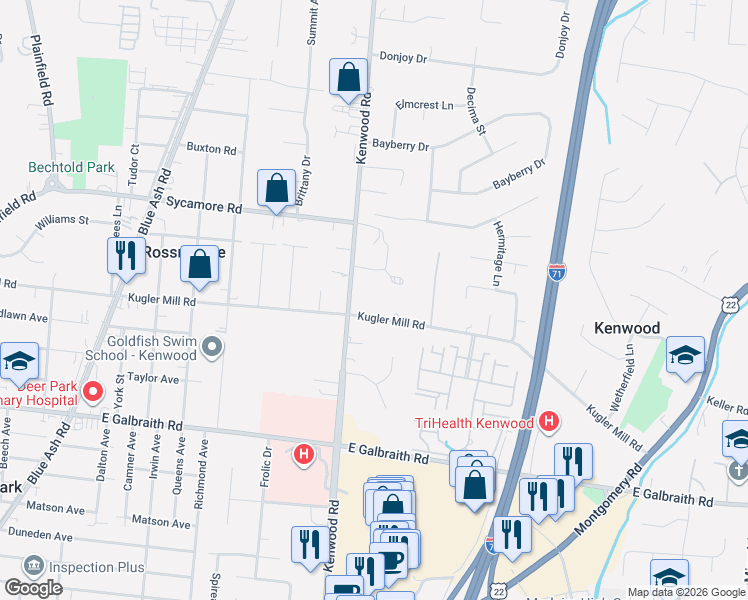 map of restaurants, bars, coffee shops, grocery stores, and more near 4940 Kugler Mill Road in Cincinnati