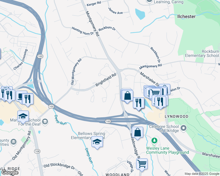 map of restaurants, bars, coffee shops, grocery stores, and more near 7915 Brightwind Court in Ellicott City