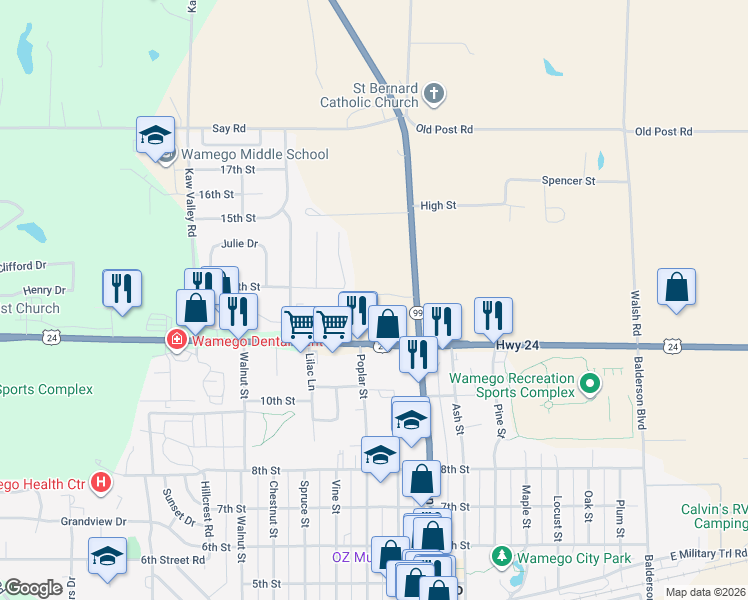 map of restaurants, bars, coffee shops, grocery stores, and more near 819 14th Street in Wamego