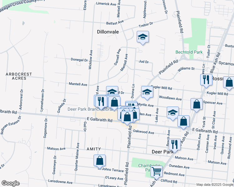 map of restaurants, bars, coffee shops, grocery stores, and more near 8399 Plainfield Road in Cincinnati