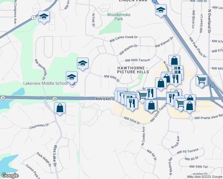 map of restaurants, bars, coffee shops, grocery stores, and more near 6405 Northwest Mokane Court in Kansas City