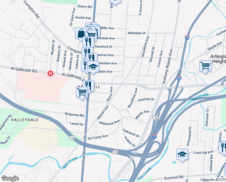 map of restaurants, bars, coffee shops, grocery stores, and more near 66 Glendale Street in Cincinnati