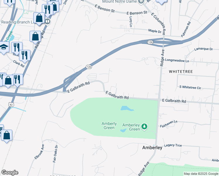 map of restaurants, bars, coffee shops, grocery stores, and more near 2430 East Galbraith Road in Cincinnati
