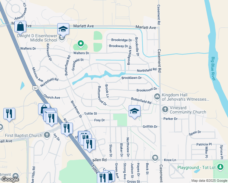 map of restaurants, bars, coffee shops, grocery stores, and more near 512 Brookmont Drive in Manhattan