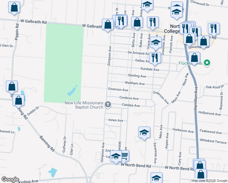 map of restaurants, bars, coffee shops, grocery stores, and more near 1945 Emerson Avenue in Cincinnati