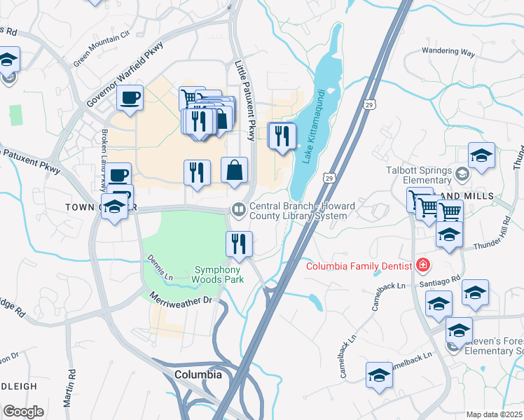 map of restaurants, bars, coffee shops, grocery stores, and more near 10350 Swift Stream Place in Columbia
