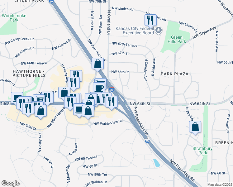 map of restaurants, bars, coffee shops, grocery stores, and more near Interstate 29 in Kansas City