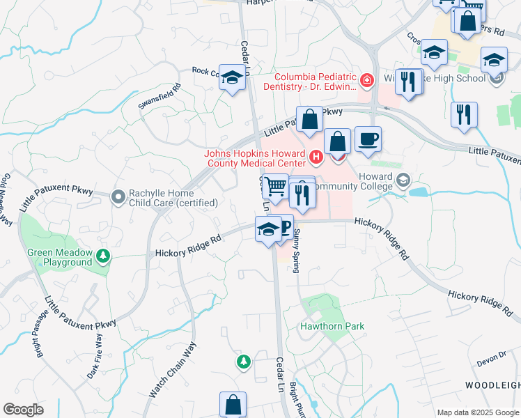 map of restaurants, bars, coffee shops, grocery stores, and more near 11211 Avalanche Way in Columbia