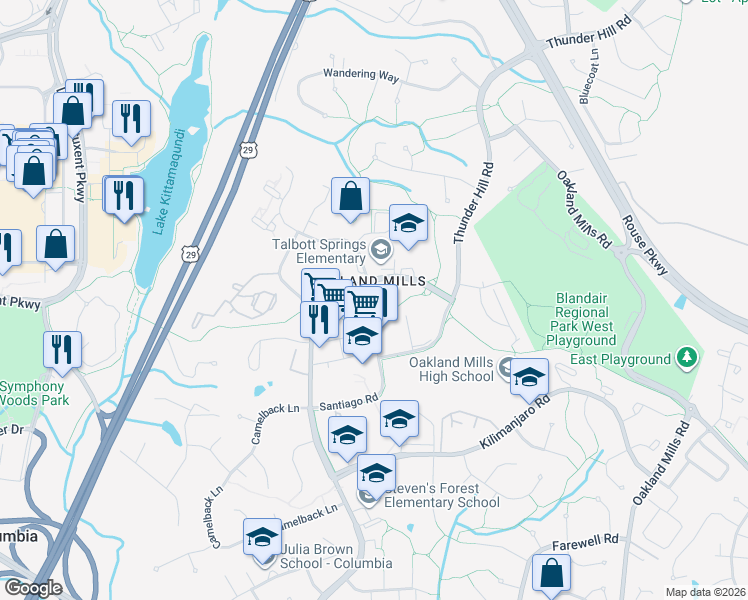 map of restaurants, bars, coffee shops, grocery stores, and more near 9639 White Acre Road in Columbia