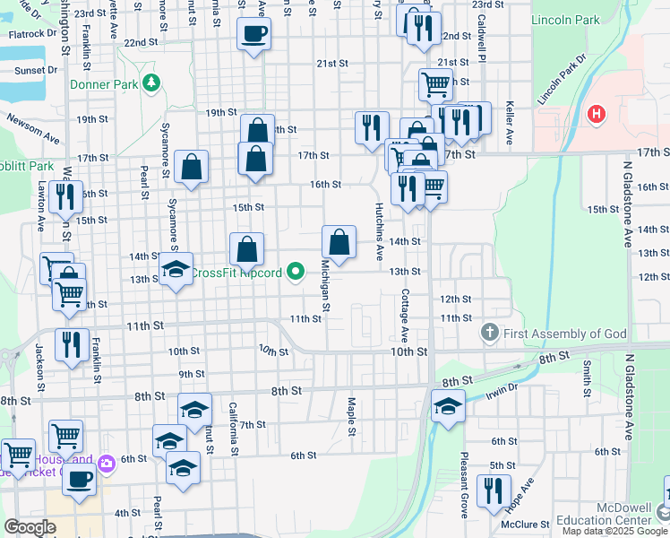 map of restaurants, bars, coffee shops, grocery stores, and more near 1500 13th Street in Columbus