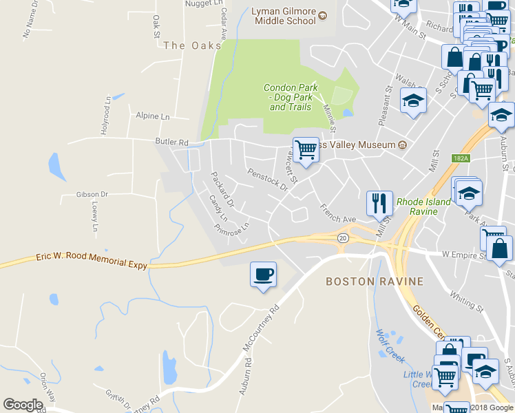 map of restaurants, bars, coffee shops, grocery stores, and more near 125 Melissa Court in Grass Valley