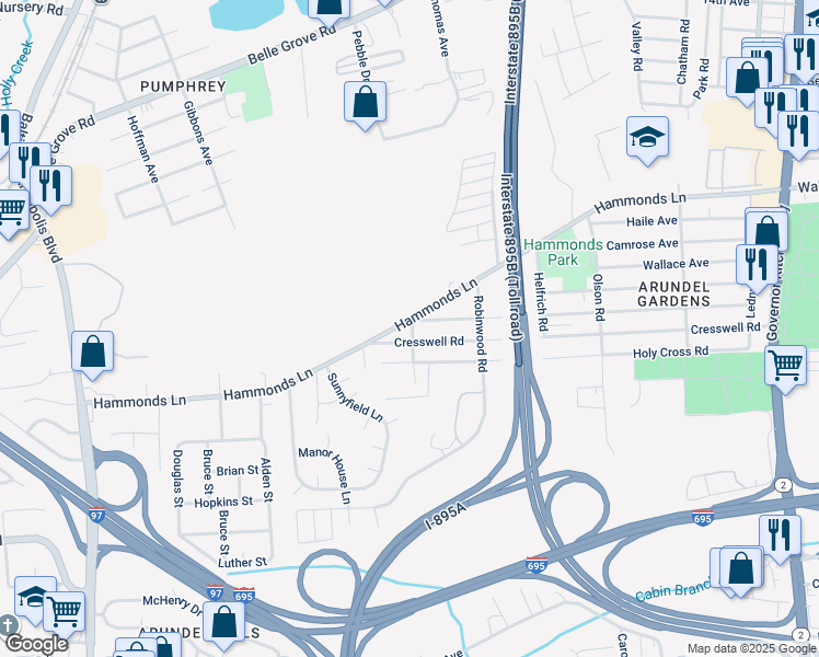 map of restaurants, bars, coffee shops, grocery stores, and more near 701 Hammonds Lane in Baltimore