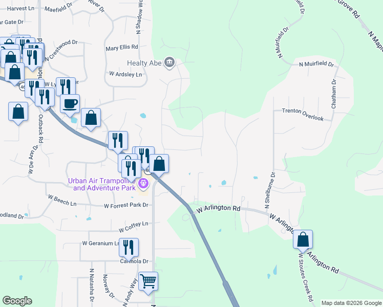 map of restaurants, bars, coffee shops, grocery stores, and more near 3721 Cheryl Drive in Bloomington