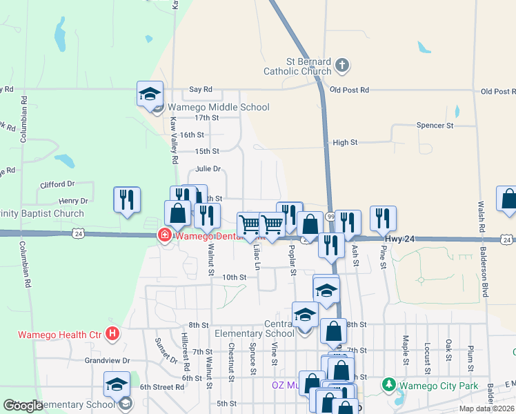 map of restaurants, bars, coffee shops, grocery stores, and more near 1015 14th Street in Wamego
