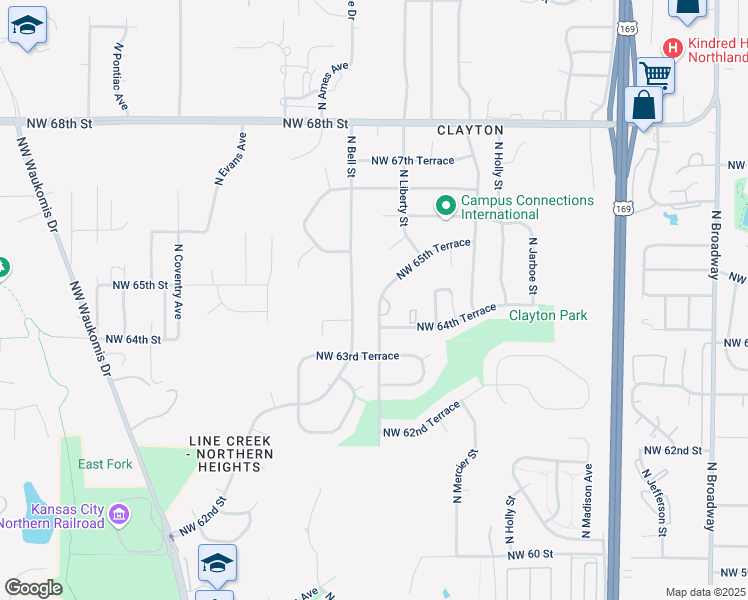map of restaurants, bars, coffee shops, grocery stores, and more near 6446 North Genessee Street in Kansas City