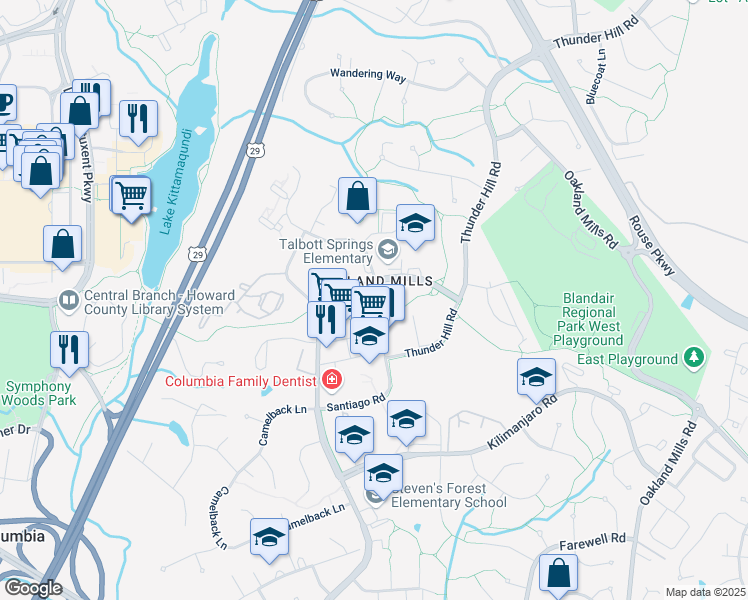 map of restaurants, bars, coffee shops, grocery stores, and more near 9627 Whiteacre Road in Columbia