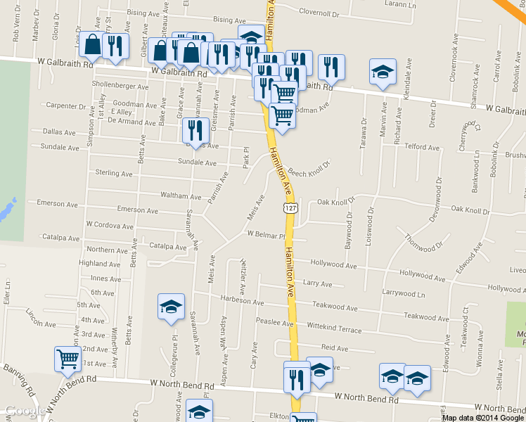 map of restaurants, bars, coffee shops, grocery stores, and more near 6524 Meis Avenue in Cincinnati