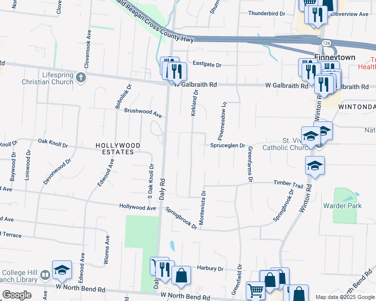 map of restaurants, bars, coffee shops, grocery stores, and more near 6649 Kirkland Drive in Cincinnati