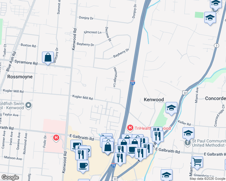 map of restaurants, bars, coffee shops, grocery stores, and more near 5705 Charteroak Drive in Cincinnati