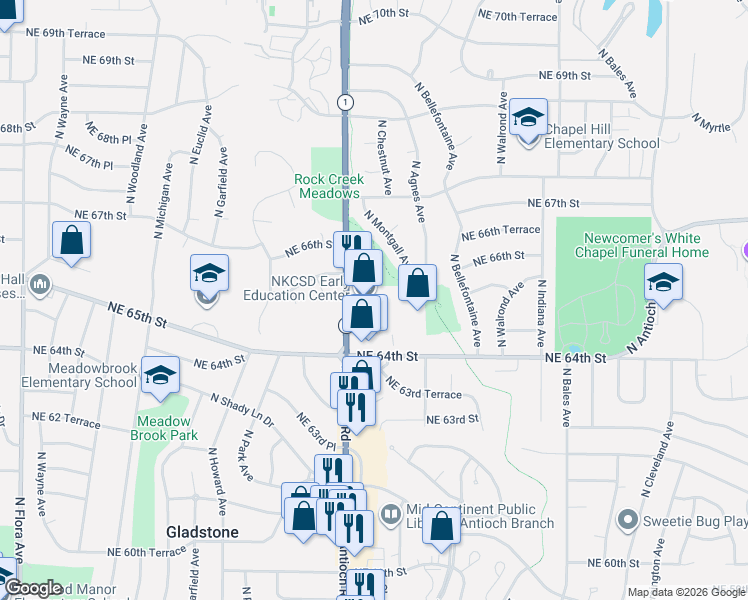 map of restaurants, bars, coffee shops, grocery stores, and more near 6479 N Prospect Ave in Gladstone