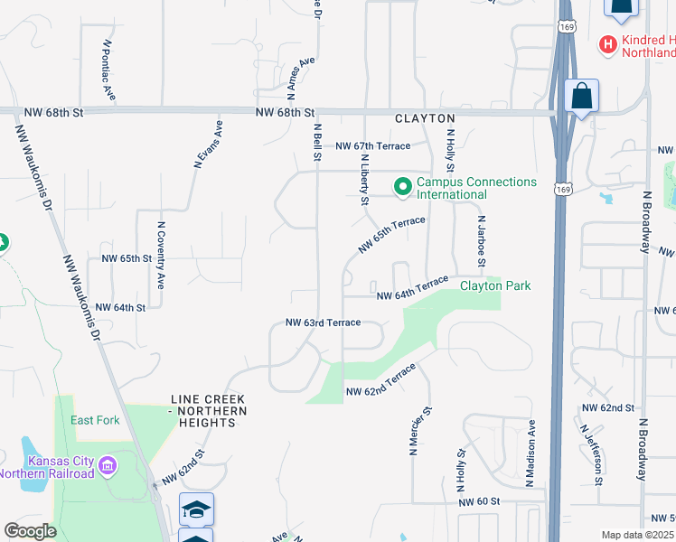 map of restaurants, bars, coffee shops, grocery stores, and more near 6446 North Genessee Street in Kansas City