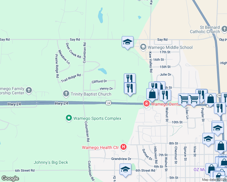 map of restaurants, bars, coffee shops, grocery stores, and more near 2009 Henry Drive in Wamego