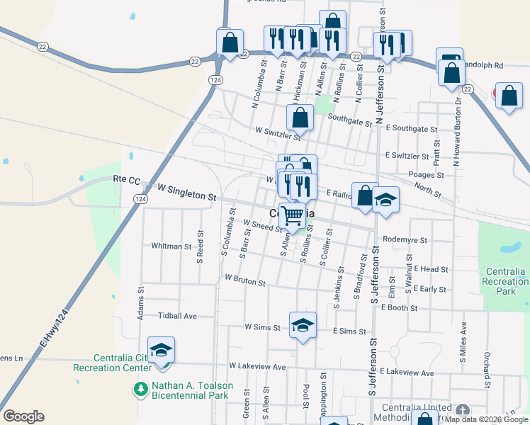 map of restaurants, bars, coffee shops, grocery stores, and more near 308 West Singleton Street in Centralia