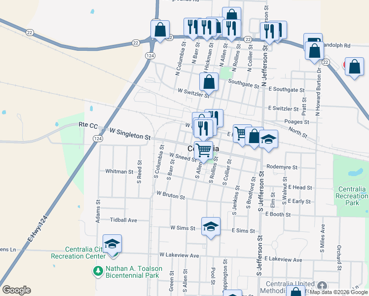 map of restaurants, bars, coffee shops, grocery stores, and more near 308 West Singleton Street in Centralia