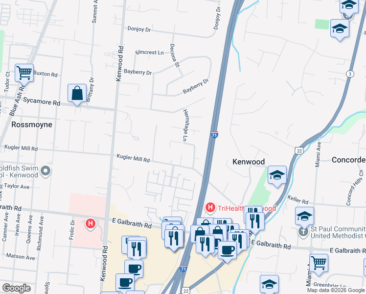 map of restaurants, bars, coffee shops, grocery stores, and more near 5705 Charteroak Drive in Cincinnati