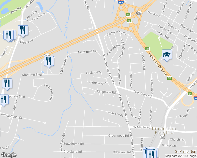 map of restaurants, bars, coffee shops, grocery stores, and more near 108 Michael Avenue in Linthicum Heights